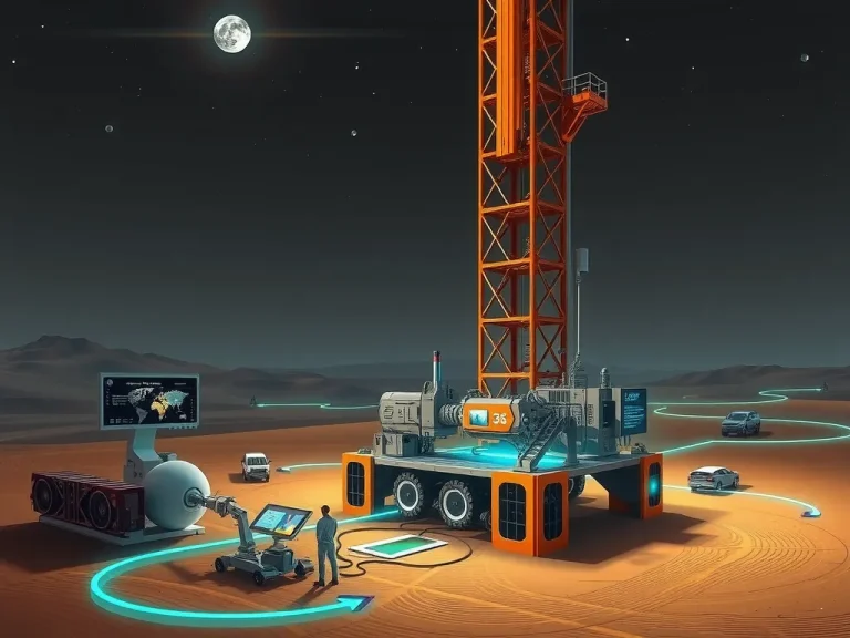 A futuristic scene of a high-tech drilling operation in the Saudi Arabian desert, showcasing advanced drilling rigs, automated machinery, and digital interfaces, with an emphasis on sustainability and efficiency, photorealistic, high quality lighting