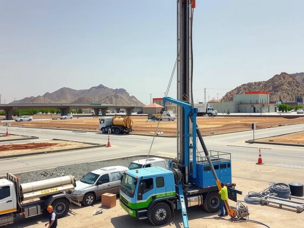 Visionary technology-driven water-well drilling operation paired with local talent workforce, demonstrating advanced infrastructure development in Saudi Arabia under Vision 2030