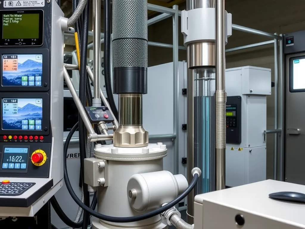 Modern water drilling equipment with digital interfaces, high-tech control panels, precision tools, high quality, professional lighting