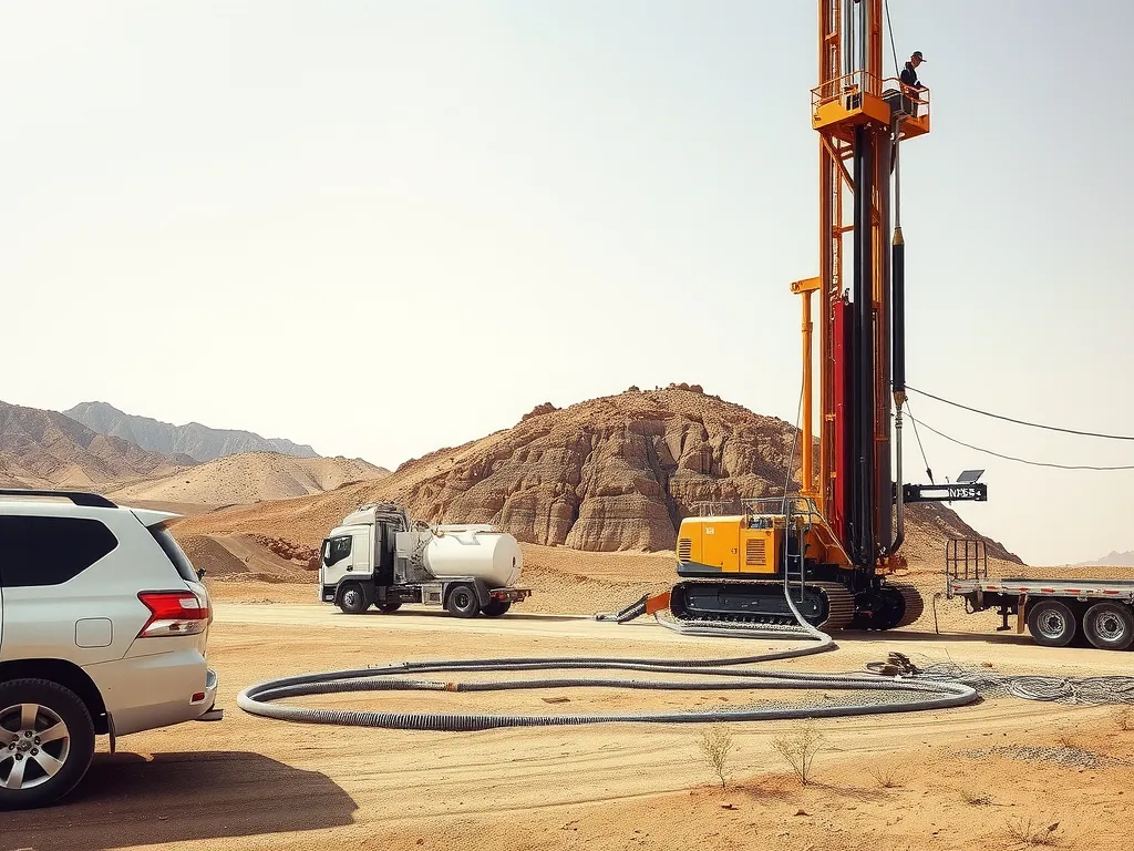 Eco-friendly drilling process in a desert setting, air drilling equipment, biodegradable fluids visuals, environmentally conscious, high quality