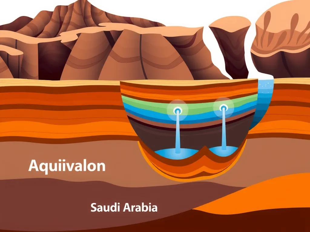 Geological cross-section of Saudi Arabian aquifers, detailed layers, water flow, aquifer management, educational style, high quality