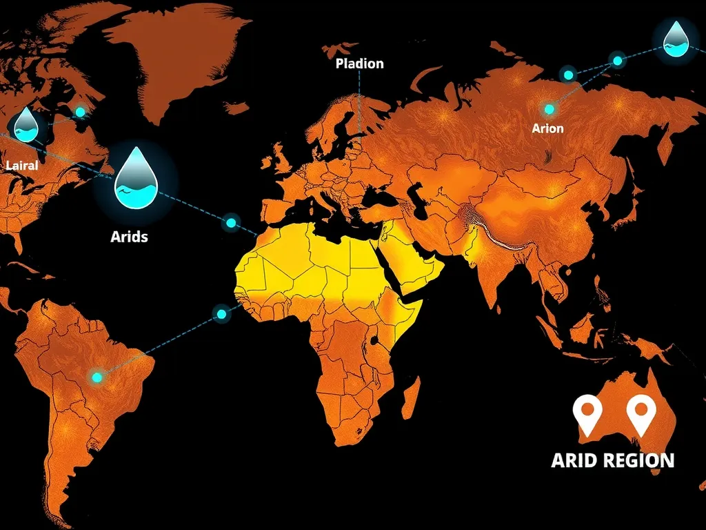 Global map highlighting arid regions, technological connectivity icons, symbolic of international water management, futuristic style, high quality