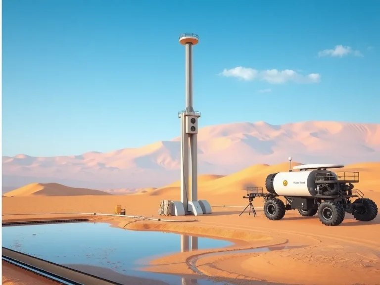 Futuristic water well drilling site in the Saudi Arabian desert, advanced drilling equipment, sustainable techniques, photorealistic, high-quality, clear blue sky, innovative atmosphere