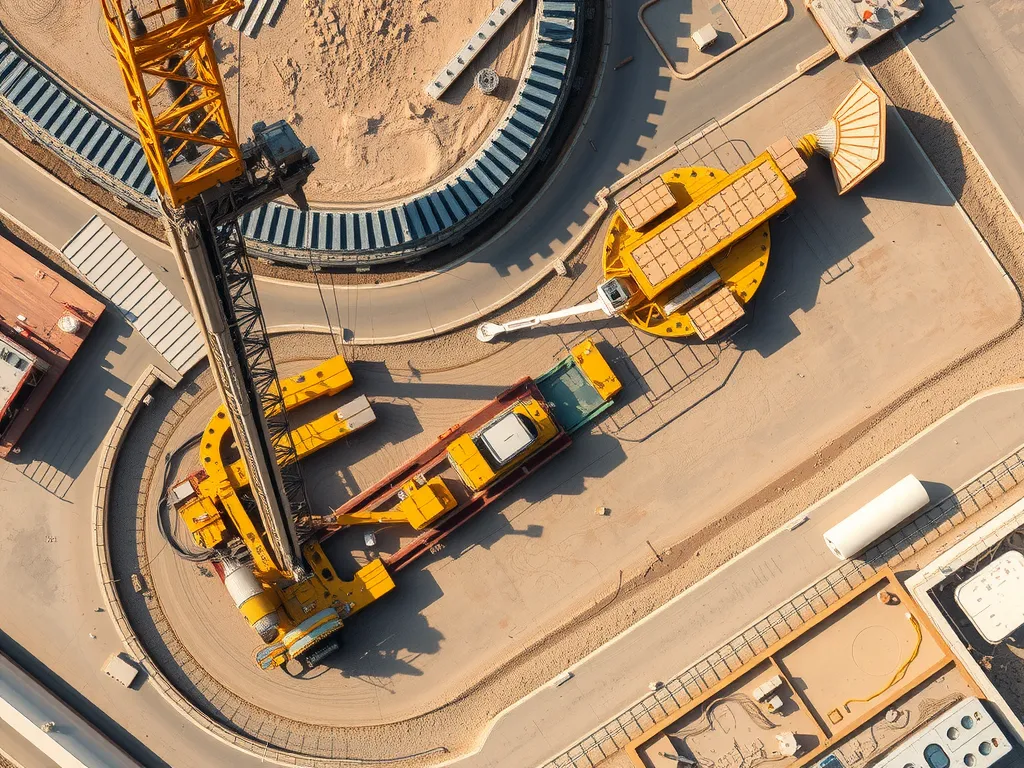 Aerial view of a Saudi megaproject site, integrating complex geological studies with drilling machinery and technology, blending natural and industrial elements