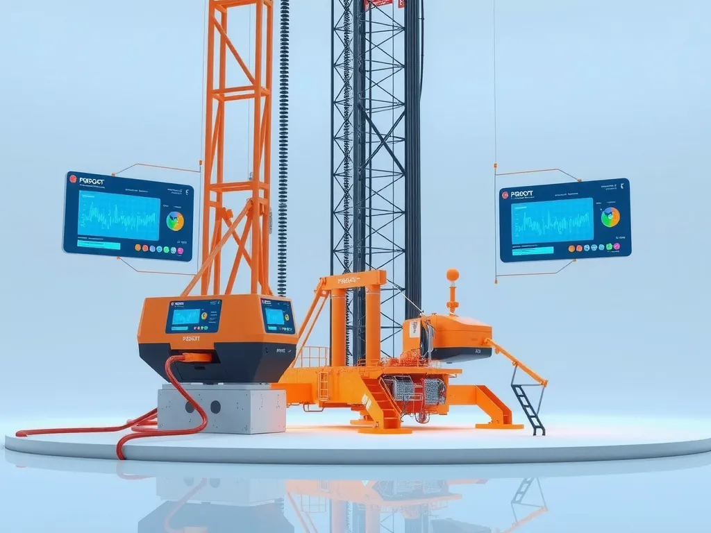 Futuristic drilling operation with AI and IoT systems integration, showing digital screens and real-time data analysis, clean and minimal background, photorealistic