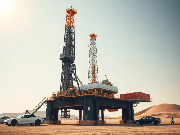 A high-tech drilling rig in Saudi Arabia under a clear sky, showcasing futuristic technology and environmental harmony, photorealistic, high quality, professional lighting