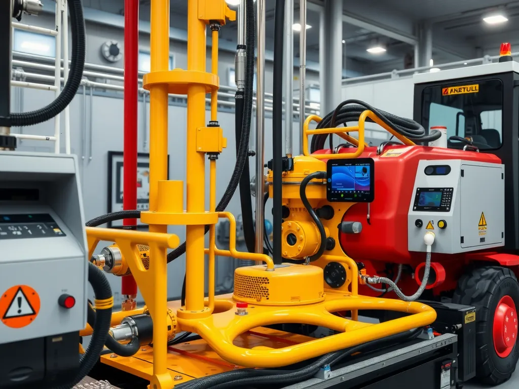 Modern water well drilling rig with automation and digital controls, detailed view with advanced technology, professional photography style