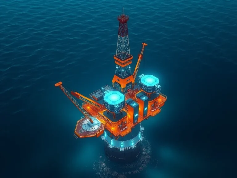 Futuristic offshore oil drilling platform integrating cutting-edge technology and automation, surrounded by blue ocean, photorealistic, high quality, professional lighting