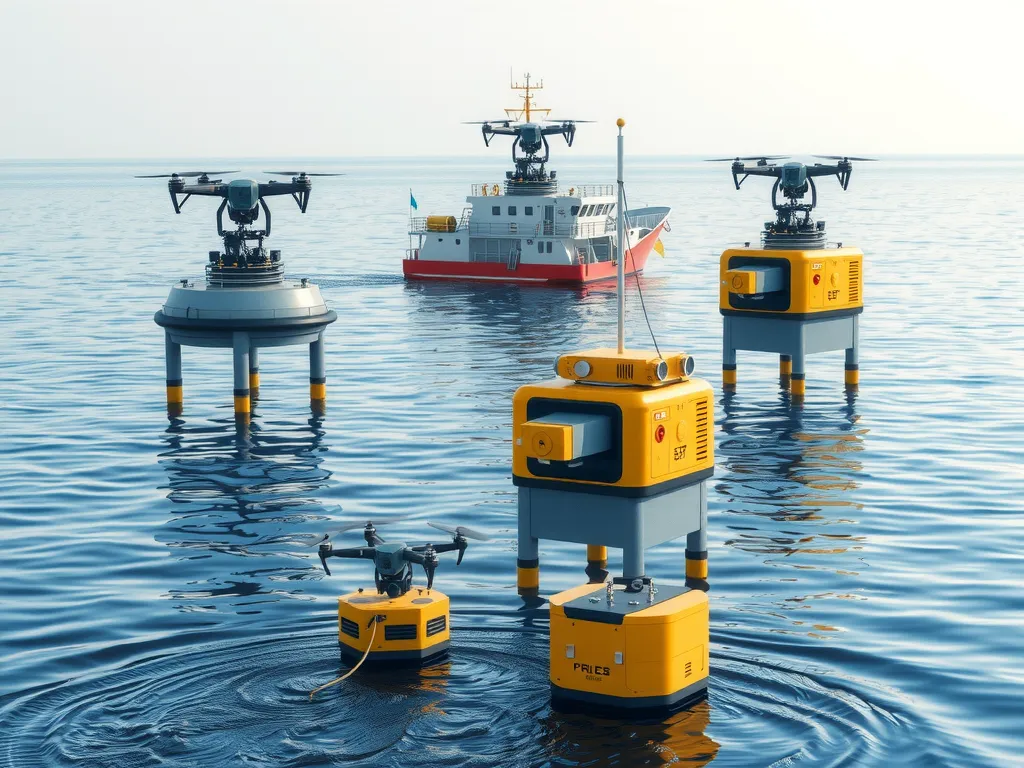 High-tech autonomous offshore platforms with modern surveying tools such as drones and sensors on calm sea, high detail, professional photography