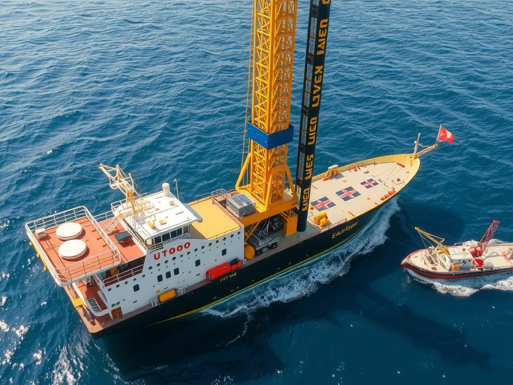 Advanced directional drilling operation at sea with rotary-steerable systems, high-tech rigs, and supporting ship platforms, photorealistic, dynamic maritime setting
