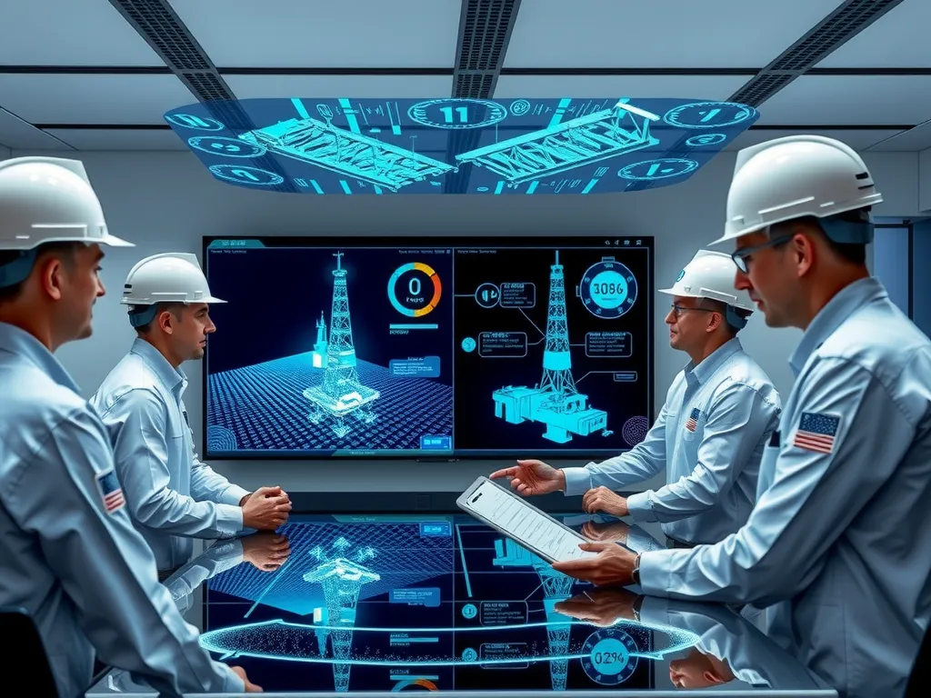 Engineers discussing offshore drilling data using digital twins technology, detailed holographic imagery and futuristic tools in a modern meeting room