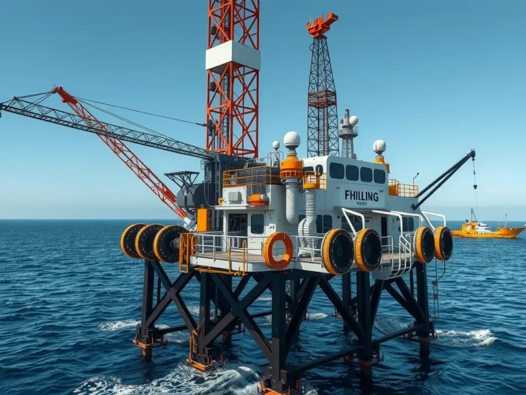 Modern offshore drilling rig in the Arabian Gulf, highlighting innovative technology with advanced sensors and AI-driven equipment, photorealistic, high quality, advanced technology theme