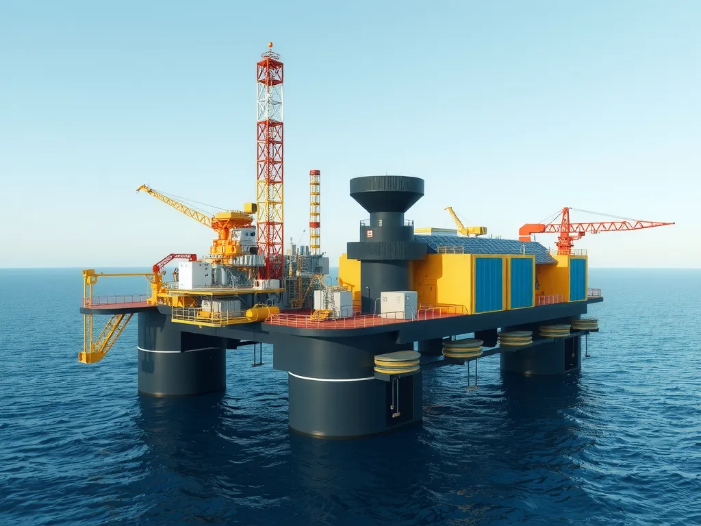 Sustainable offshore drilling platform using hybrid power systems and battery storage, solar panels, and advanced energy monitoring, eco-friendly design