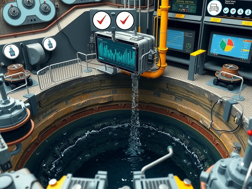 AI-driven monitoring systems in water wells, detailed sensors and data visualization, smart control systems, photorealistic