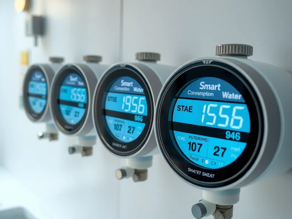 Advanced smart water meters showing digital consumption data, high-tech, clean design, professional photography