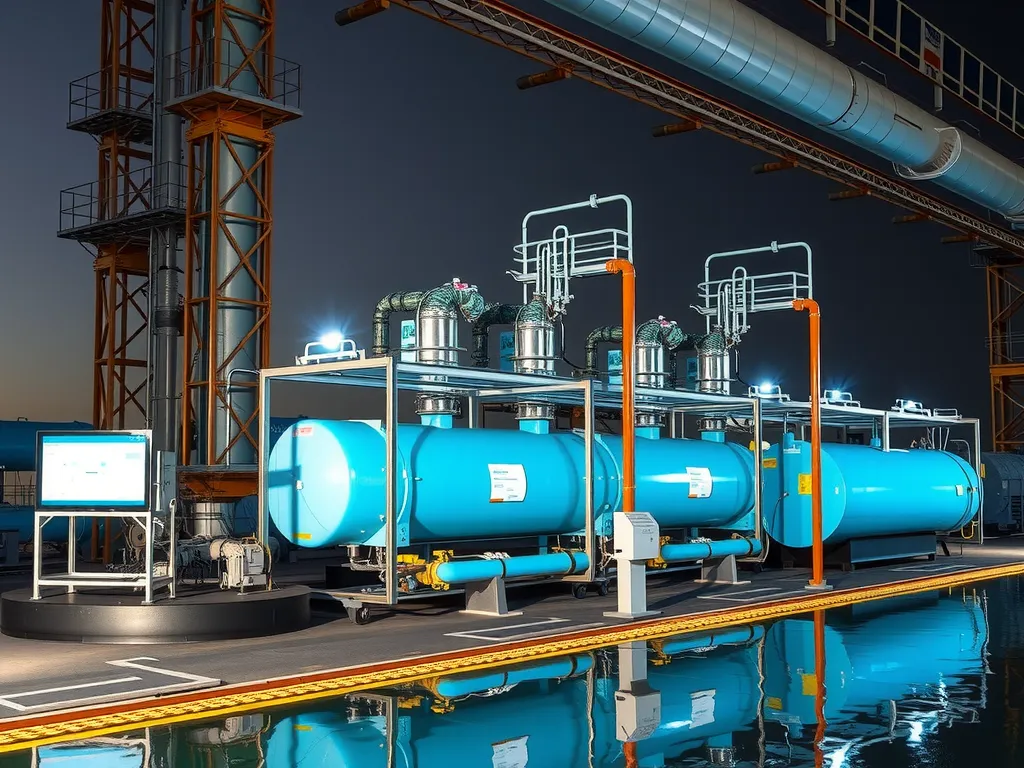 High-tech desalination plant with renewable energy integration and clean design, professional lighting