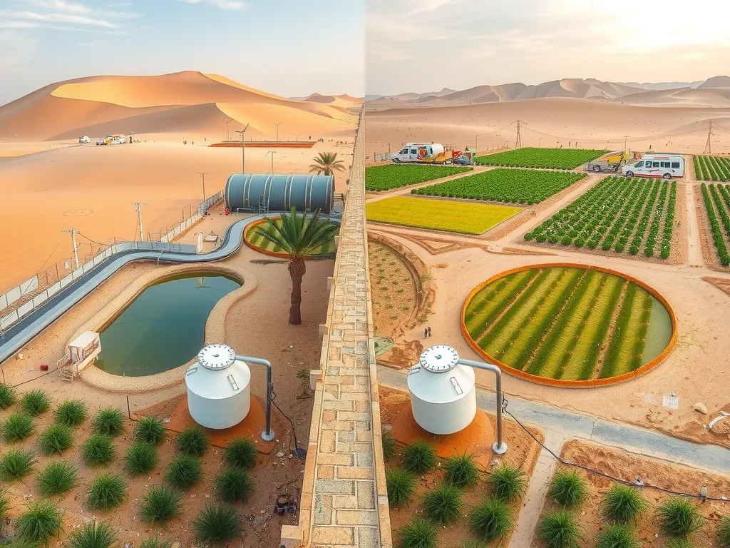 Saudi desert environment with traditional rainwater collection systems and modern irrigation techniques side by side, detailed, high quality