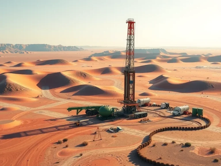 An arid landscape with a modern drilling rig utilizing circular economy principles, showcasing sustainable practices and environmental protection, high-quality professional shot, vivid colors