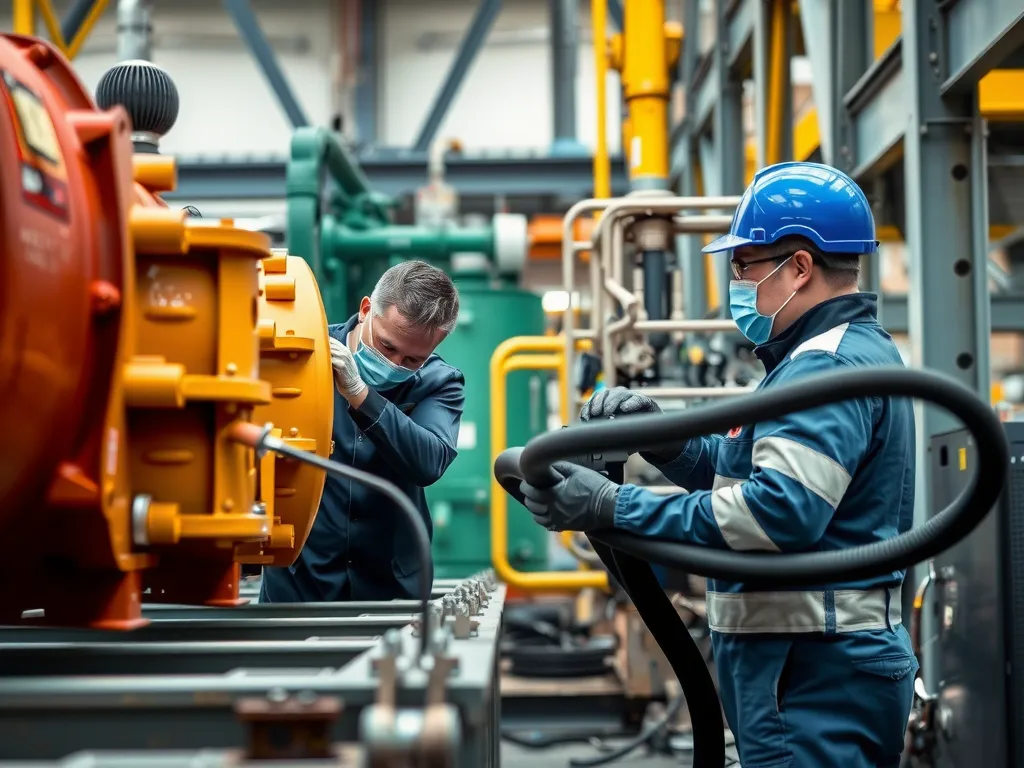 Technicians inspecting and rehabilitating drilling equipment, with a focus on innovation and sustainability in the oil and gas industry, high-quality industrial photography