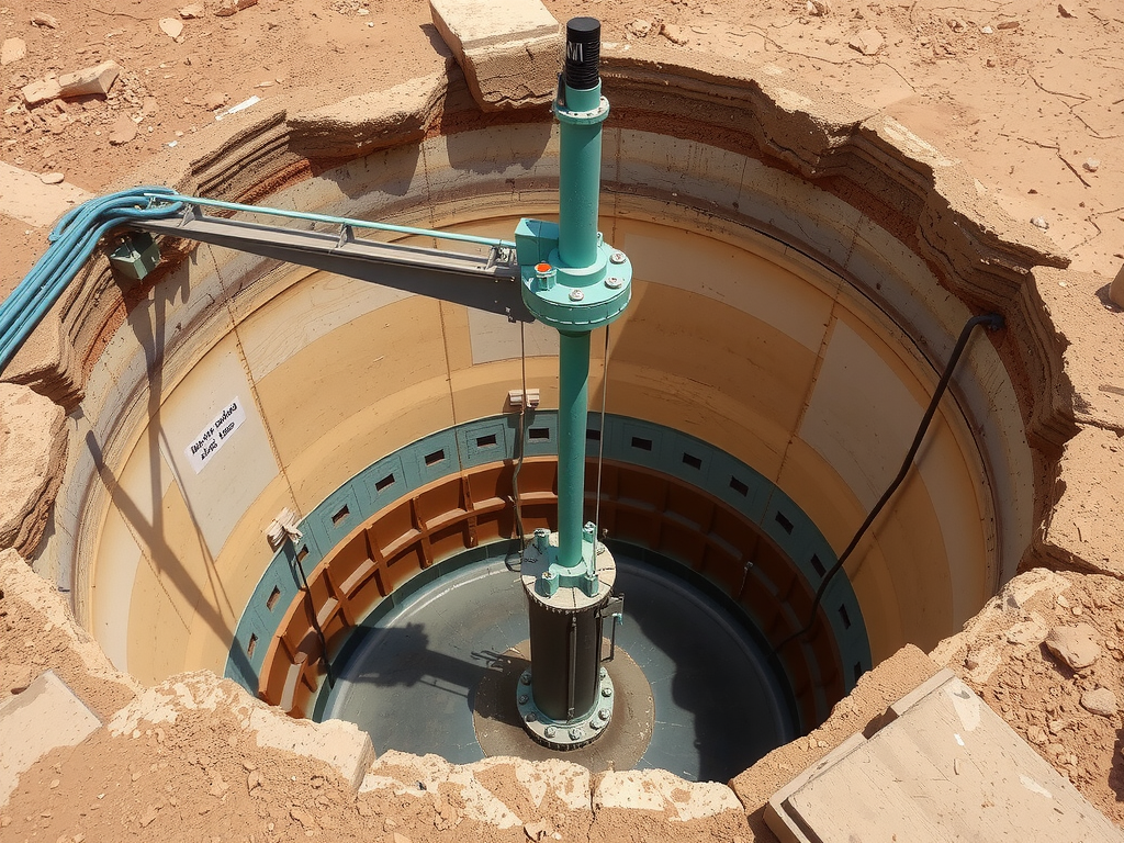 Artesian well in Saudi Arabia, showing deep drilling setup with protective layers to prevent contamination, high quality, professional photography