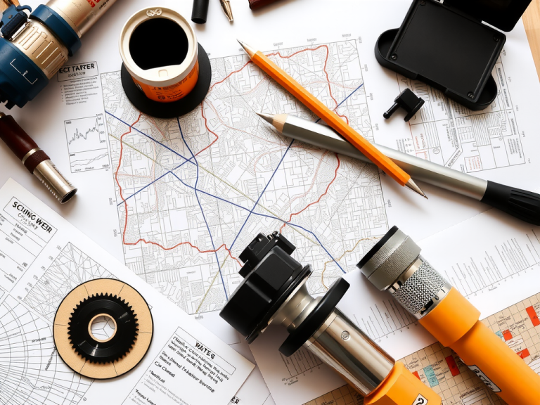 Close-up of geological survey maps and equipment used in water well drilling, detailed and organized on a clean workspace