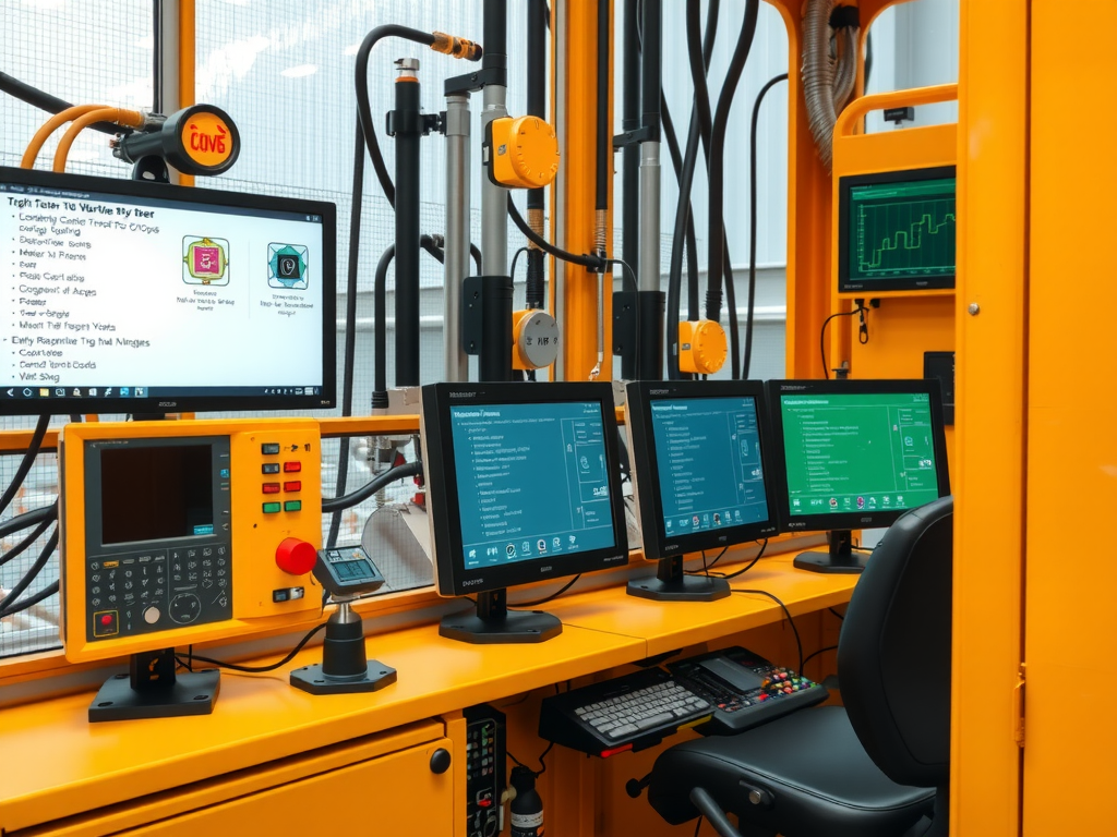 High-tech sensors and control systems for modern well drilling operations, detailed, showcasing digital screens and control panels