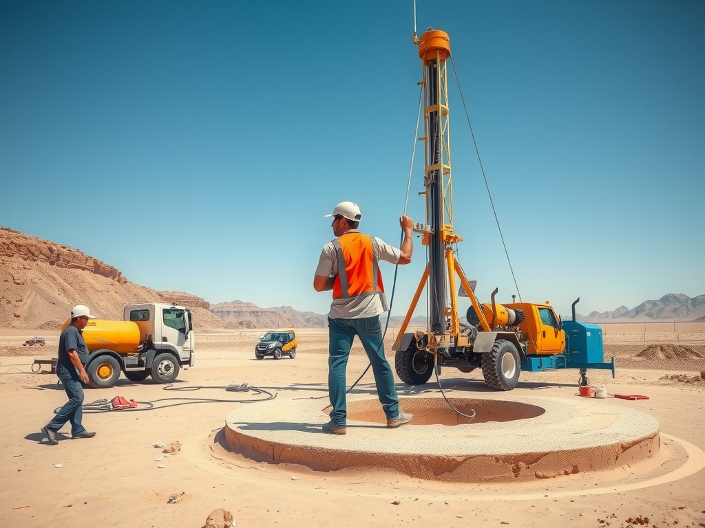 Photorealistic image of a well-drilling operation in a desert environment, showcasing modern drilling equipment, professional workers, and a well-being excavated, high quality, natural lighting