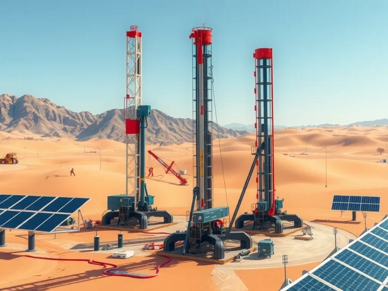 Photorealistic image of modern drilling rigs in a desert setting, surrounded by advanced technology like solar panels and digital monitoring equipment, representing the integration of sustainability and innovation in water resource management, high quality
