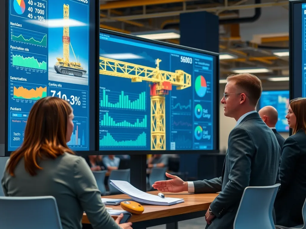 Image of environmental risk assessments and digital compliance documentation for well drilling, professionals reviewing digital data on large screens, photorealistic and high quality