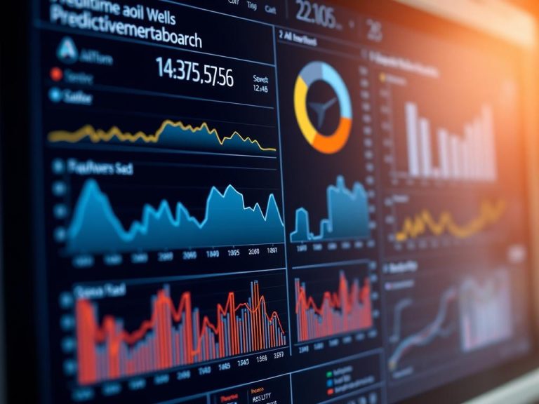 Close-up of AI-driven predictive maintenance dashboard, showing real-time sensor data and analytics for oil wells, minimalistic high-tech design