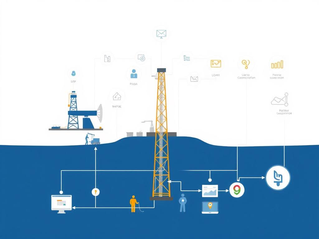 Depiction of digital integration across oil well operations, illustrating seamless flow of data among various teams and departments