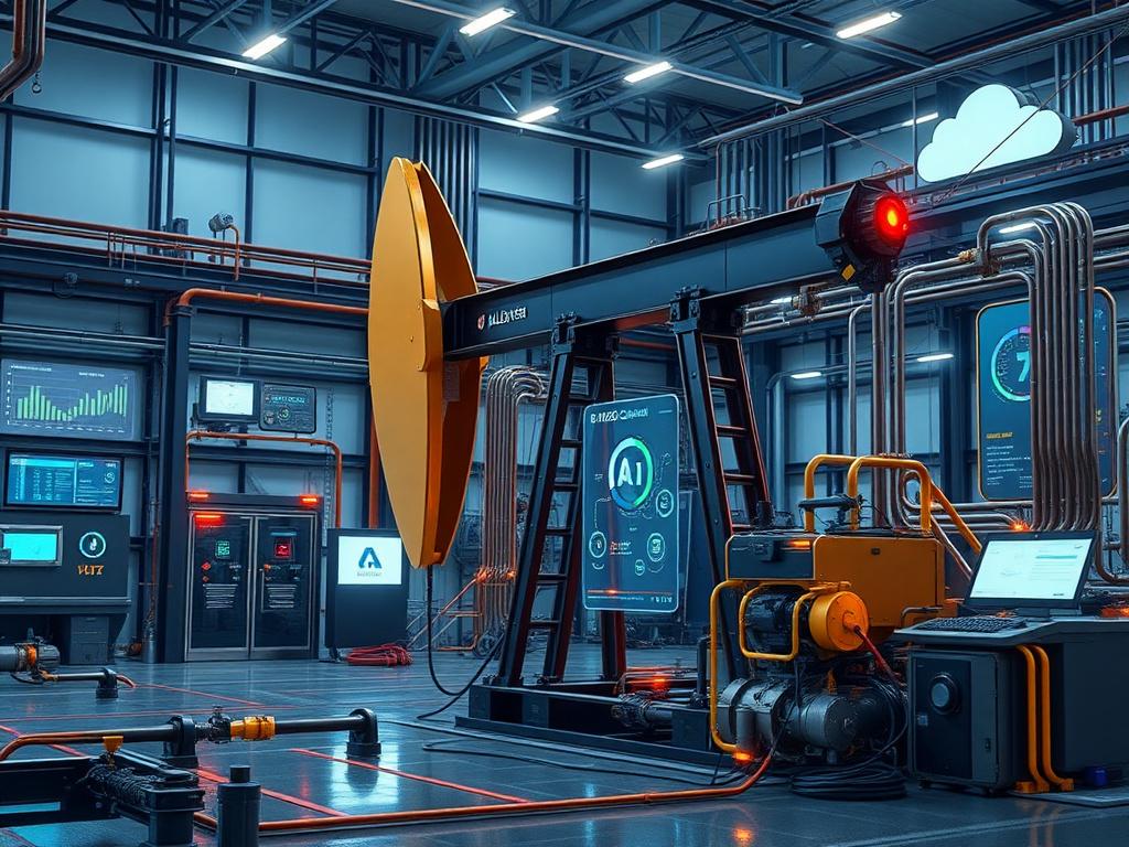 Photorealistic depiction of a modern oil well with digital interfaces and technologies like AI, IoT sensors, and cloud computing. High-tech environment showcasing efficiency and advanced data analytics.