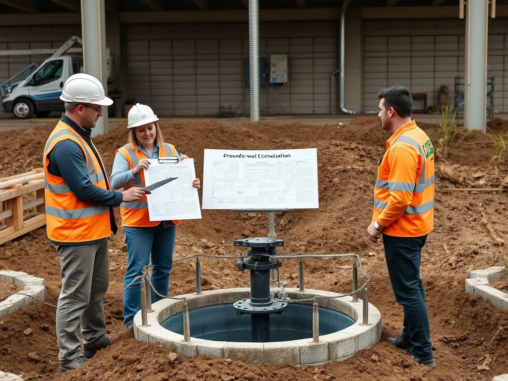 Professional collaboration scene with groundwater well maintenance experts, presenting detailed project planning and consultation, high quality, business setting
