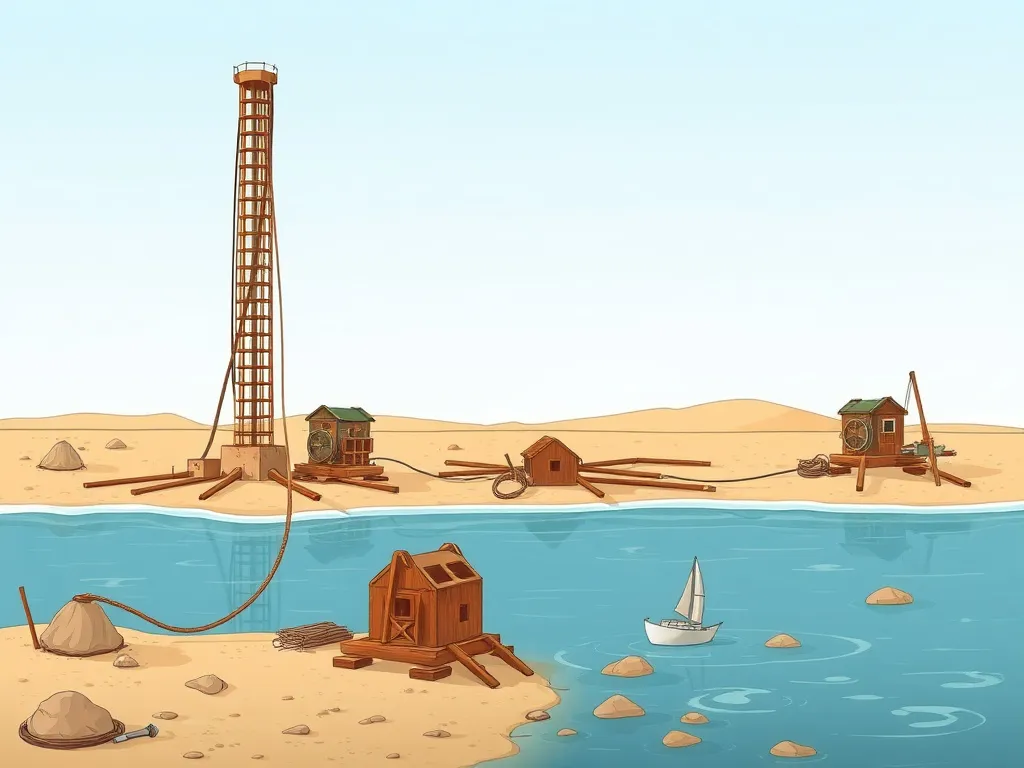 Illustration of early oil drilling methods in the Arabian Gulf, showing manual tools and primitive equipment used for shallow water drilling, historical style, detailed