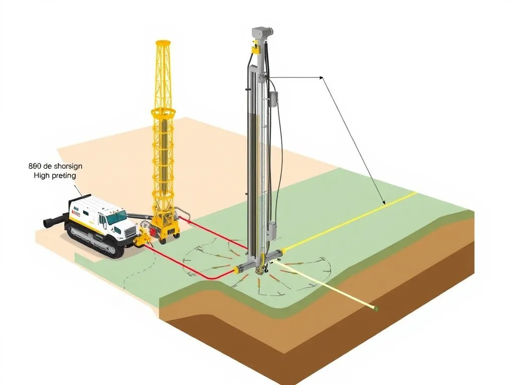 Illustration of horizontal and directional drilling techniques, showing modern drilling rigs and geological steering processes, high precision, and technological detail