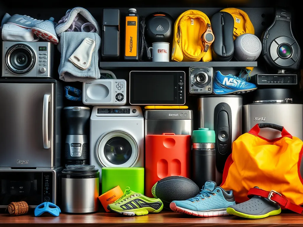 Selection of consumer electronics, home appliances, and sports gear, emphasizing petroleum-derived materials, high-tech professional photography Selection of consumer electronics, home appliances, and sports gear, emphasizing petroleum-derived materials, high-tech professional photography