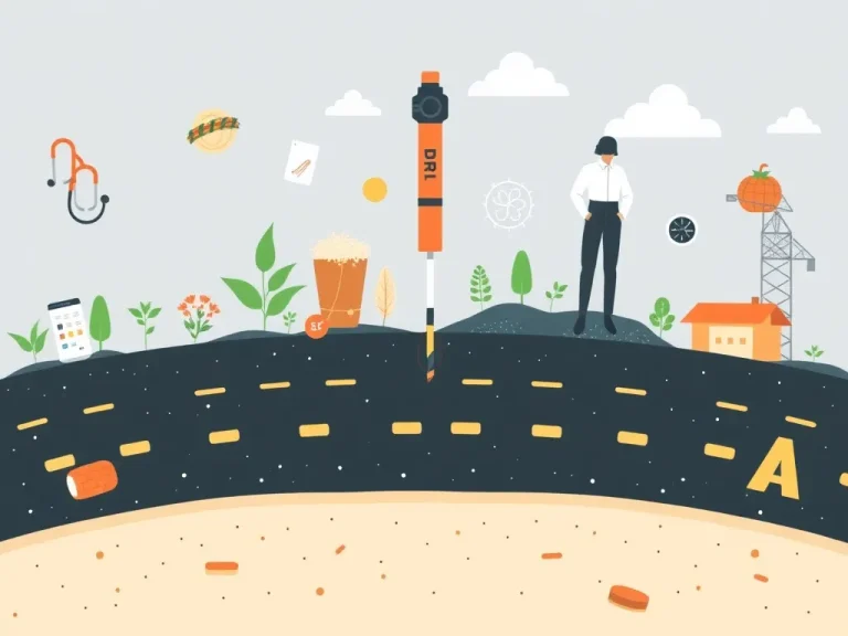 Wide-view illustration of drilling's impact across various sectors: medicine, agriculture, fashion, construction, incorporating elements like stethoscopes, fertilizers, synthetic fibers, asphalt roads, visually interconnected, clean spacing, educational illustration style