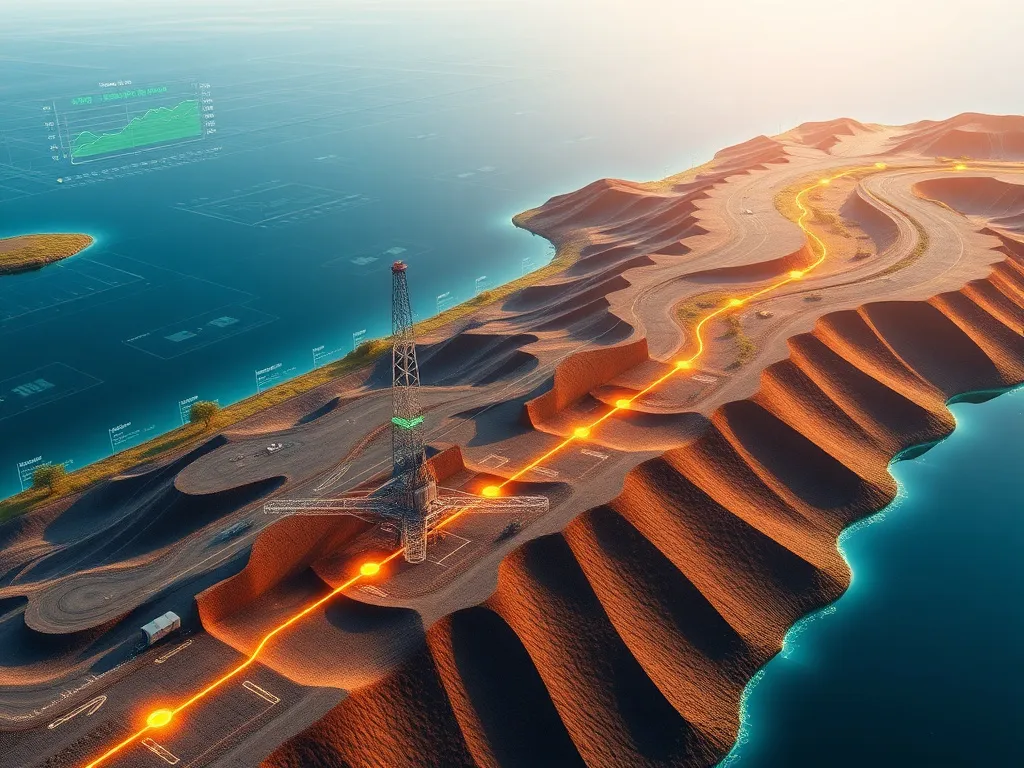 Digital twins and AI simulations visualizing sustainable drilling routes, with a mix of digital interfaces and natural landscape, showing optimization and efficiency, minimalistic design, high quality