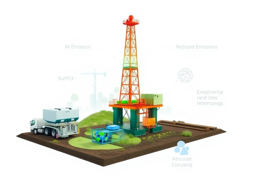 Eco-friendly drilling practices enhanced by digital technologies, showing AI-driven systems with a visual overlay of environmental benefits like reduced emissions and resource optimization, detailed, clean background