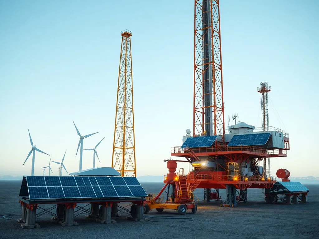 Futuristic AI-driven drilling operations transitioning towards carbon-neutrality, featuring renewable energy elements like solar panels and wind turbines integrated with drilling infrastructure, realistic depiction