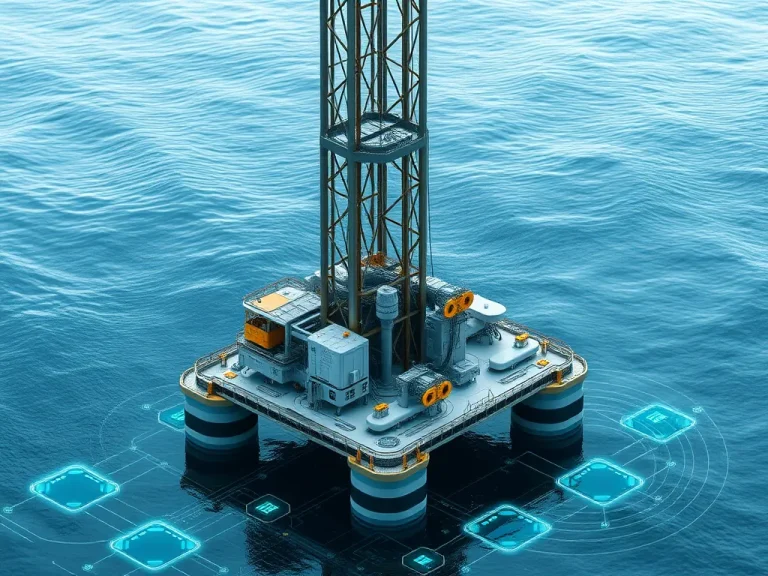 A futuristic drilling rig operating in an ecologically sensitive environment, interacting with digital interfaces and AI systems, photorealistic, high-tech atmosphere, sustainable technology theme