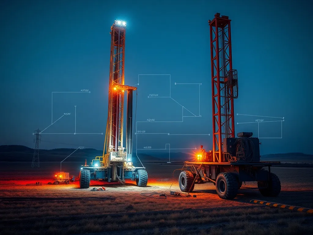 Representation of digital transformations in successful drilling operations, with advanced sensors, real-time monitoring, and automated rigs in a field setting, professional photography style