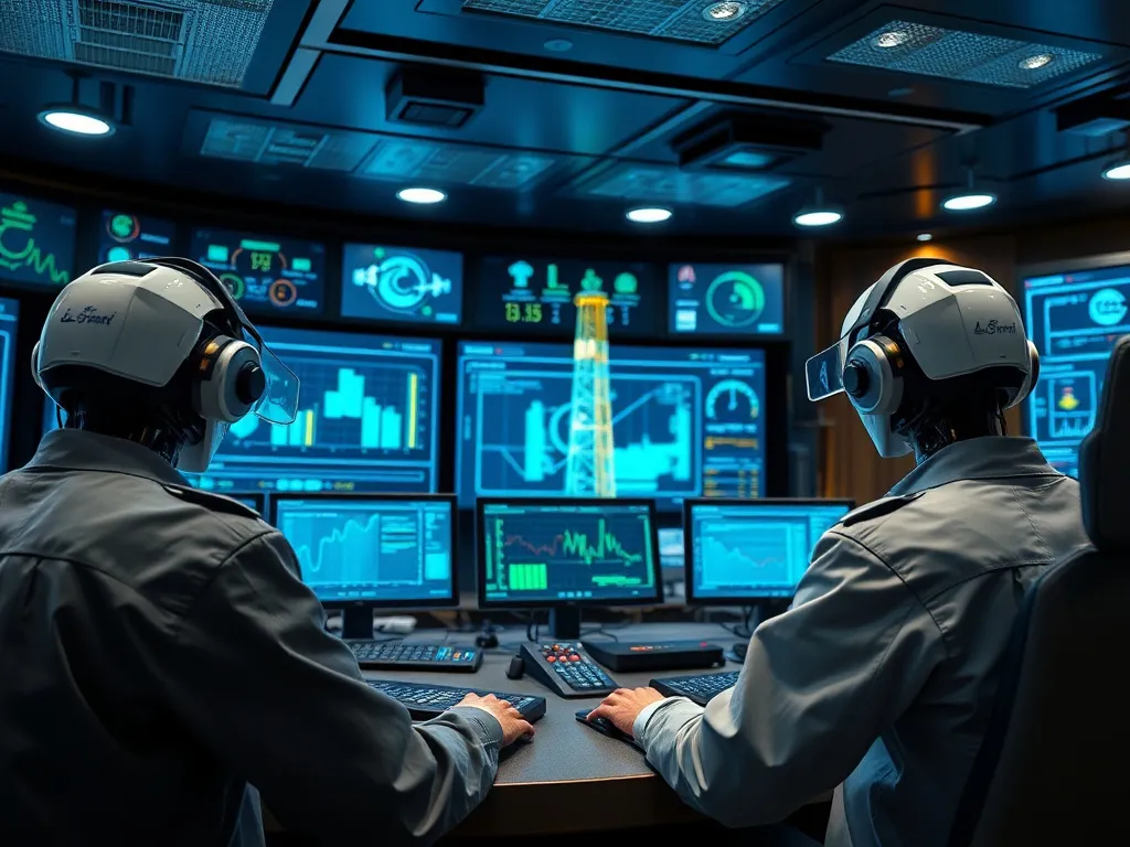 AI systems managing a digital control room for drilling operations, showing precision and efficiency in a modern oil rig setting, with holographic displays and real-time data analysis, high quality, professional lighting