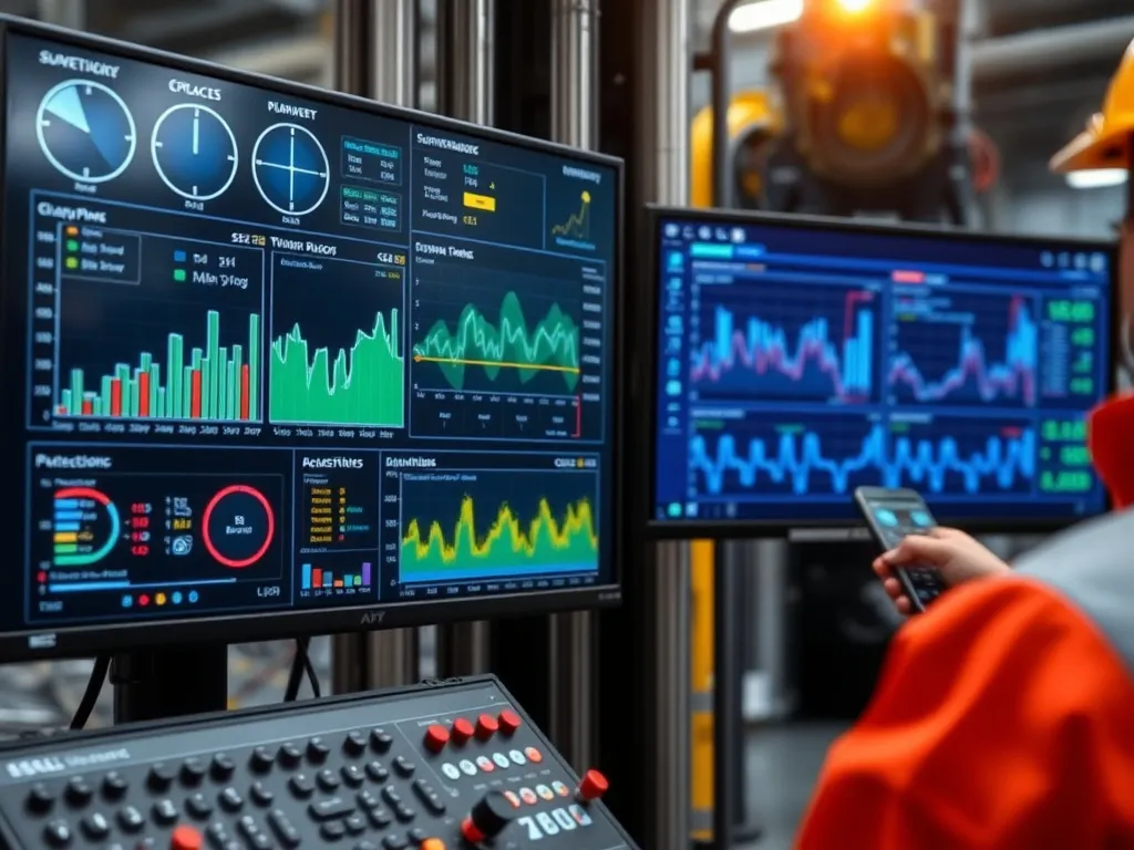 Advanced drilling monitoring system with digital interface showing data charts and metrics, demonstrating real-time surveillance technology in modern oil operations, professional lighting, detailed