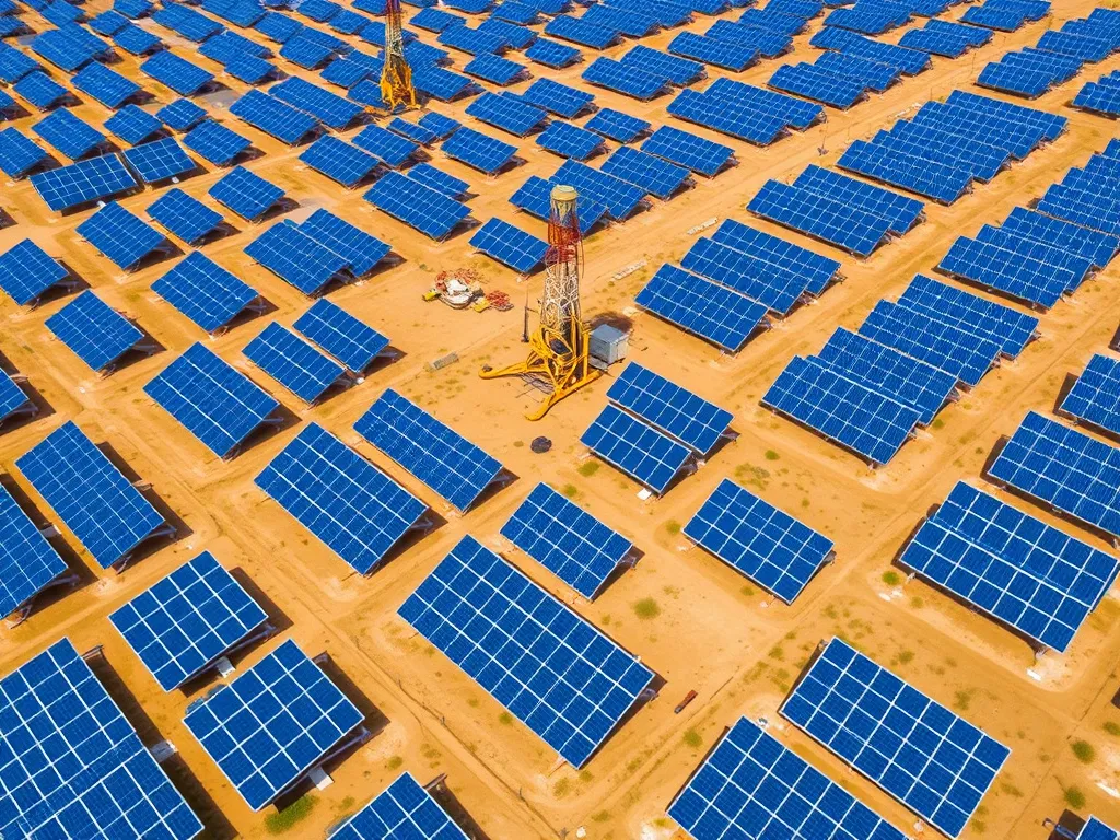 Aerial view of solar panels installed at a remote oil well site, representing renewable energy adoption in oil extraction, drone photography, high quality, expansive view