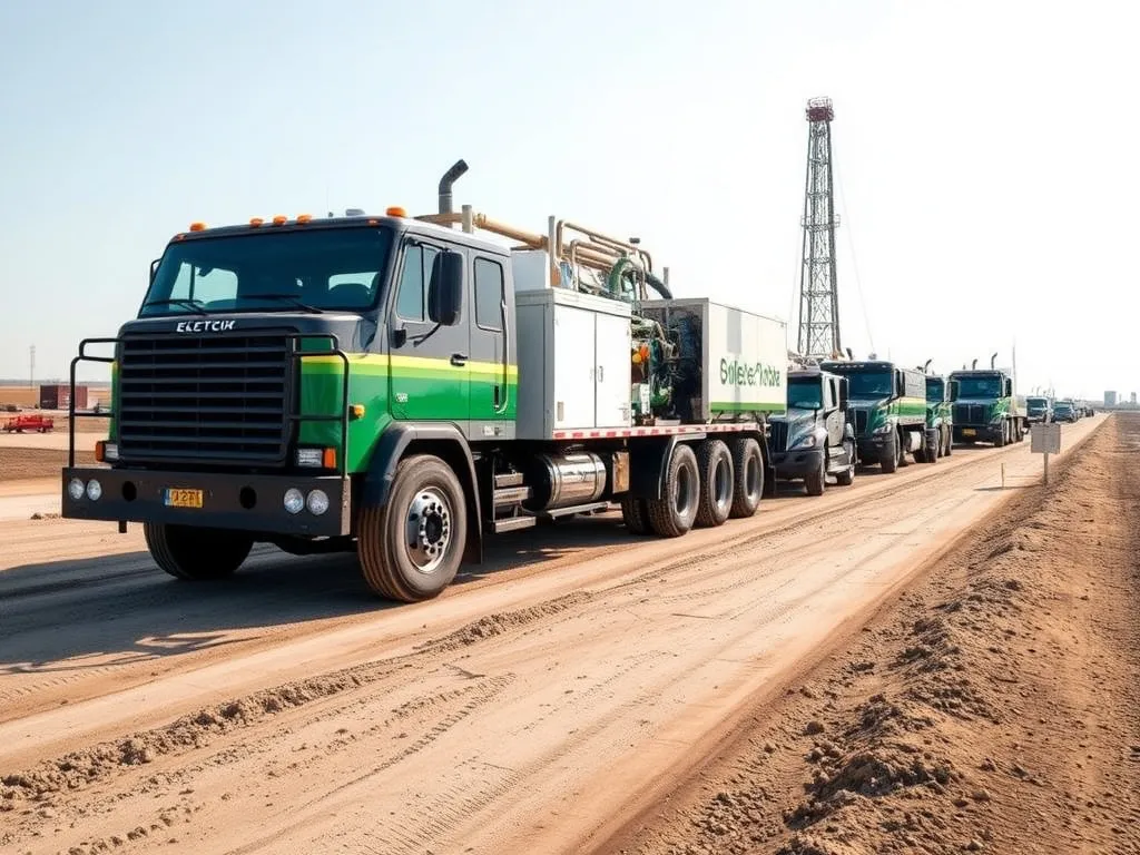 Electric-powered hydraulic fracturing fleet in action, reducing carbon emissions in oil extraction, dynamic angle, modern industrial photography, clear visuals