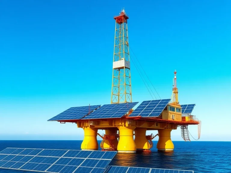 An oil rig innovatively powered by solar panels with a backdrop of a clear blue sky, showcasing the integration of renewable energy in fossil fuel extraction, professional photography, high resolution, vivid colors, clean composition