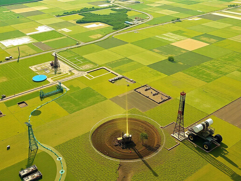 Satellite imagery and ground-based sensor technology at work in a field, illustrating methane detection systems in the oil industry, educational infographic style, high detail