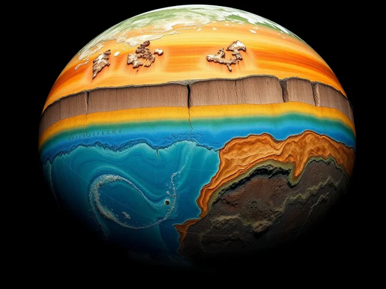 A photorealistic, high-resolution image of Earth's crust in cross-section, illustrating both oceanic and continental layers with tectonic plates, mineral deposits, and geological features, under natural and scientific lighting.
