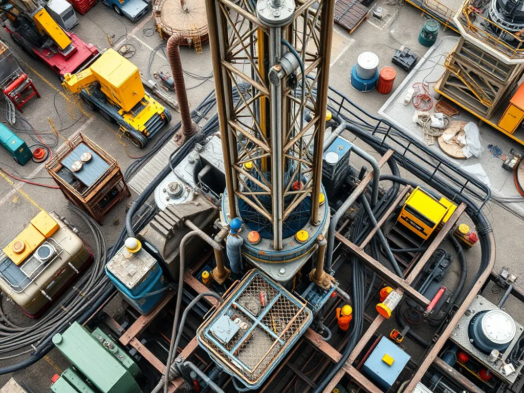 Detailed aerial view of oil and gas drilling operations with various machinery and workers in protective gear, photorealistic, high quality, busy industrial setting